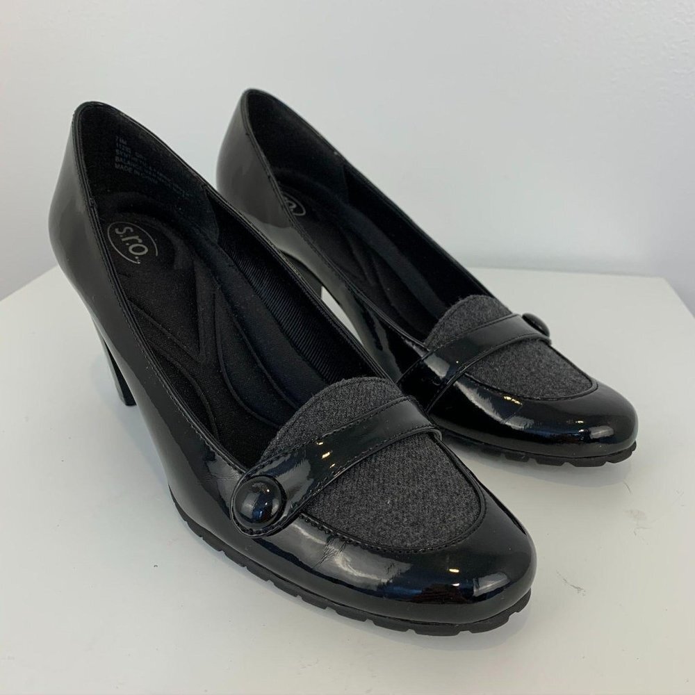 SRO Sz 7.5 Heeled loafers blk grey fabric heeled